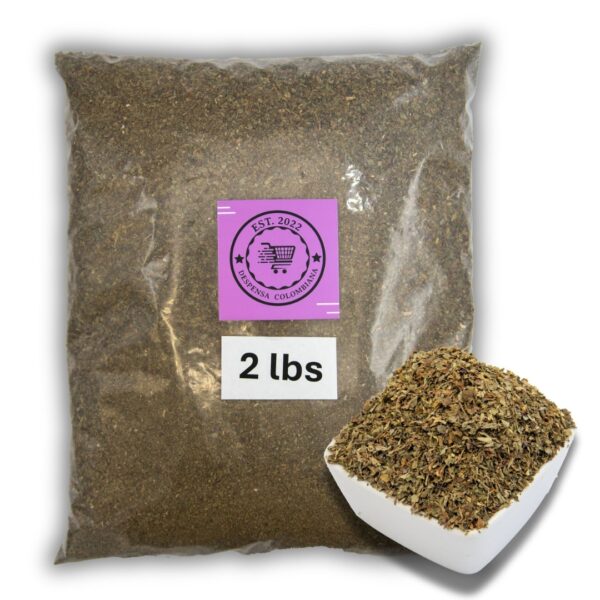 A 2 lb bag of dried basil with a small bowl displaying the herb's texture and color.