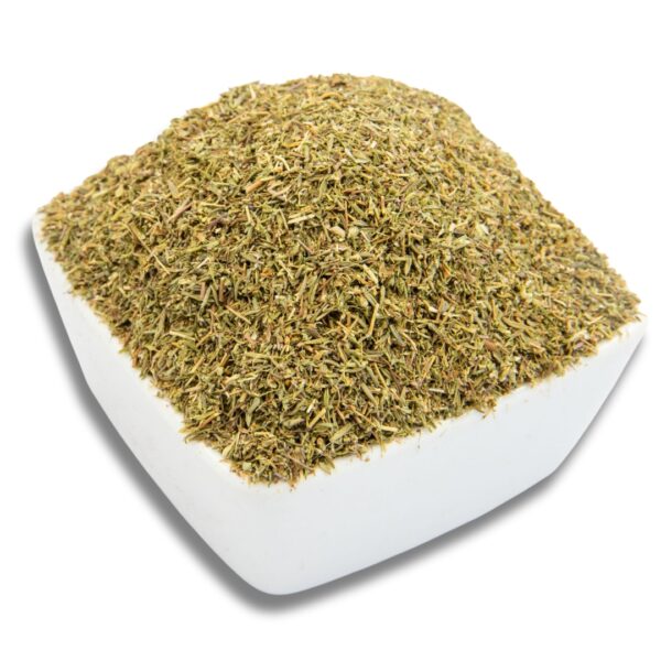 A white bowl filled with dried thyme leaves, showcasing their fine texture and natural greenish-brown color.