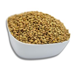 A white bowl filled with dry lentils, showcasing their natural color and texture.