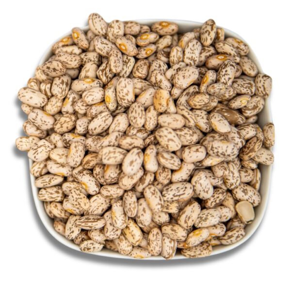 A close-up of dry pinto beans in a white bowl, showcasing their natural speckled texture.