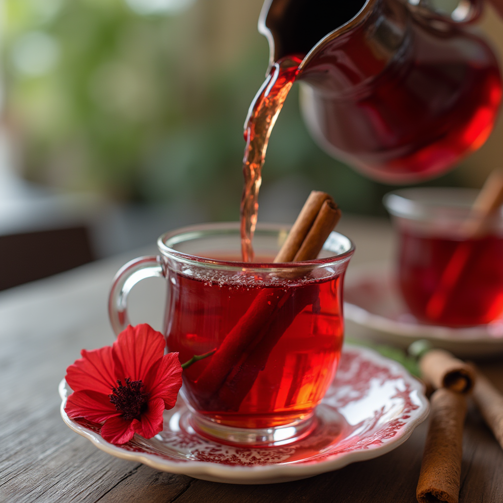 A glass of vibrant red hibiscus tea being poured, infused with aromatic Ceylon cinnamon, garnished with a hibiscus flower, and served on a wooden surface.