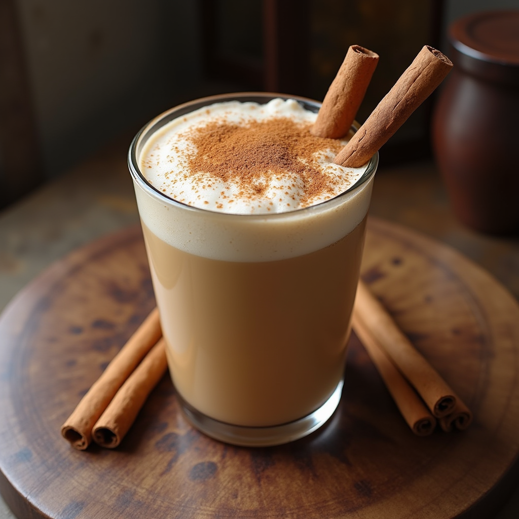 A creamy, sweet Mexican horchata drink served in a glass with aromatic Ceylon cinnamon sticks, placed on a rustic wooden surface.