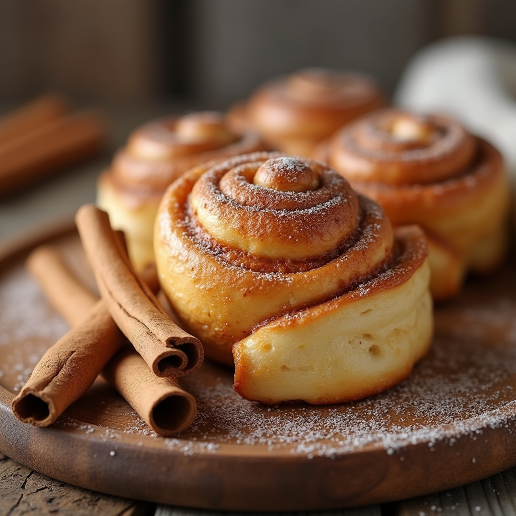 Freshly baked, golden brown cinnamon rolls made with rich, buttery dough, topped with a sweet glaze, and paired with aromatic Ceylon cinnamon sticks on a rustic wooden surface.