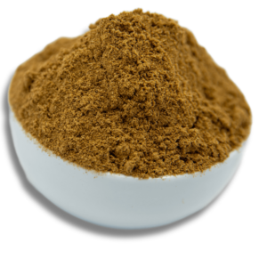 A white bowl filled with ground cumin, showcasing its fine texture and warm brown color.