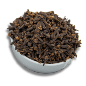 A white bowl filled with whole cloves, highlighting their rich brown color and distinct shape.