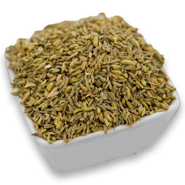 A white bowl filled with fennel seeds, showcasing their smooth texture.